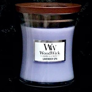Lavender spa WoodWick candle Yankee soy natures wick crackle glass hourglass new
